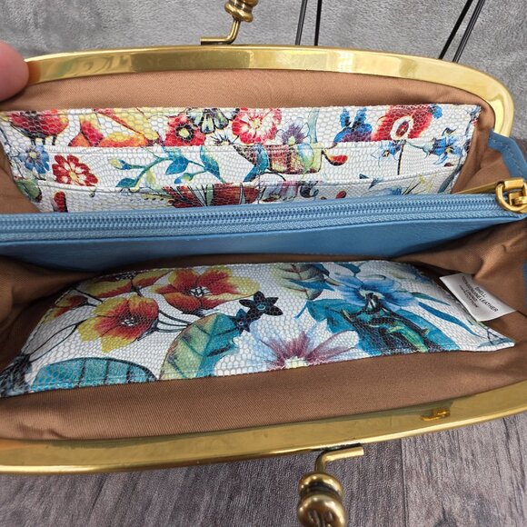 HOBO Cora Large Frame Wallet Clutch Wristlet Dusty Blue Leather Botanical Print - Picture 7 of 14